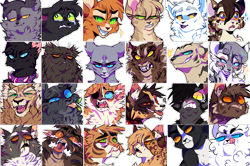 Size: 3007x1995 | Tagged: safe, artist:iyd, bluestar (warrior cats), brightheart (warrior cats), brokenstar (warrior cats), cinderpelt (warrior cats), cloudtail (warrior cats), crookedstar (warrior cats), darkstripe (warrior cats), dustpelt (warrior cats), firestar (warrior cats), graystripe (warrior cats), leopardstar (warrior cats), lionheart (warrior cats), longtail (warrior cats), ravenpaw (warrior cats), redtail (warrior cats), sandstorm (warrior cats), scourge (warrior cats), silverstream (warrior cats), spottedleaf (warrior cats), tallstar (warrior cats), tigerstar (warrior cats), whitestorm (warrior cats), yellowfang (warrior cats), cat, feline, mammal, feral, warrior cats, blushing, crying, female, fur, group, icon, large group, male, rabies, runningnose (warrior cats), simple background, transparent background