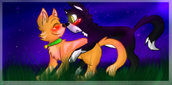 Size: 952x474 | Tagged: safe, artist:ashvia, jake (warrior cats), tallstar (warrior cats), cat, feline, mammal, feral, warrior cats, blushing, collar, cute, duo, duo male, feral/feral, fur, grass, looking at each other, male, male/male, males only, shipping, sky, tail, talljake (warrior cats)