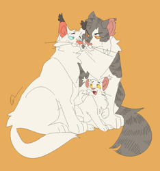Size: 1236x1323 | Tagged: safe, artist:boatkaptain, snowfur (warrior cats), whitestorm (warrior cats), cat, feline, mammal, feral, warrior cats, cute, family, father, father and child, father and son, female, feral/feral, fur, male, male/female, mother, mother and child, mother and son, orange background, shipping, simple background, snowthistle (warrior cats), son, tail, thistleclaw (warrior cats)