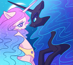 Size: 509x453 | Tagged: safe, artist:queerly, nightmare moon (mlp), princess celestia (mlp), alicorn, equine, fictional species, mammal, pony, feral, friendship is magic, hasbro, my little pony, duo, duo female, ethereal mane, female, fur, horn, low res, mare, peytral, siblings, sister, sisters, tail