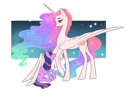 Size: 1010x737 | Tagged: safe, artist:queerly, princess celestia (mlp), twilight sparkle (mlp), alicorn, equine, fictional species, mammal, pony, unicorn, feral, friendship is magic, hasbro, my little pony, duo, duo female, ethereal mane, feathered wings, feathers, female, fur, horn, hug, looking at each other, mare, smiling, tail, wing hug, wings
