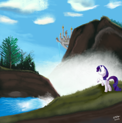 Size: 900x908 | Tagged: safe, artist:warfost, rarity (mlp), equine, fictional species, mammal, pony, unicorn, feral, friendship is magic, hasbro, my little pony, castle, female, fur, grass, horn, mare, mountain, on model, signature, smiling, solo, solo female, tail, tree, water