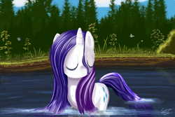 Size: 1800x1200 | Tagged: dead source, safe, artist:warfost, rarity (mlp), equine, fictional species, mammal, pony, unicorn, feral, friendship is magic, hasbro, my little pony, 2013, blue hair, cutie mark, ears, eyes closed, female, forest, front view, fur, hair, horn, mare, on model, outdoors, pool, signature, smiling, solo, solo female, standing, standing in water, tail, three-quarter view, tree, water, wet