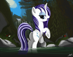 Size: 1900x1500 | Tagged: safe, artist:warfost, rarity (mlp), equine, fictional species, mammal, pony, unicorn, feral, friendship is magic, hasbro, my little pony, blue hair, cutie mark, eyeshadow, female, flower, forest, fur, hair, horn, looking at something, looking back, makeup, mane, mare, on model, outdoors, pool, rear view, rock, signature, solo, solo female, standing, standing in water, tail, tree, water, wet, white body
