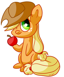 Size: 1000x1200 | Tagged: safe, artist:zoiby, applejack (mlp), earth pony, equine, fictional species, mammal, pony, feral, friendship is magic, hasbro, my little pony, apple, chibi, clothes, cowboy hat, female, freckles, fur, hair band, hat, looking at you, mare, one eye closed, simple background, smiling, solo, solo female, tail, tail band, transparent background, winking