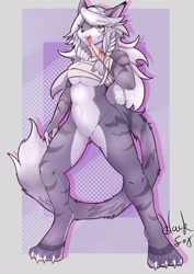 Size: 1448x2048 | Tagged: safe, artist:blackfox2000wan, canine, mammal, wolf, anthro, abstract background, bandage, blood, female, solo, solo female, tail
