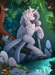Size: 1750x2385 | Tagged: safe, artist:yakovlev-vad, alicorn, equine, fictional species, mammal, pony, feral, hasbro, my little pony, bipedal, butt, eyes closed, female, forest, frog (hoof), hero, hooves, leaf, leaning, mare, nature, raised leg, river, rock, scenery, solo, solo female, statue, sword, tree, underhoof, unknown pony, water, weapon