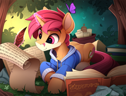 Size: 2300x1750 | Tagged: safe, artist:yakovlev-vad, oc, oc only, arthropod, butterfly, equine, fictional species, insect, mammal, pony, unicorn, feral, hasbro, my little pony, book, clothes, forest, hoodie, levitation, magic, patreon, patreon reward, quill, scenery, scroll, smiling, solo, telekinesis, topwear