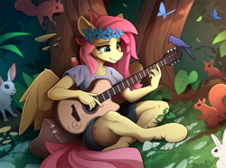 Size: 2350x1744 | Tagged: safe, artist:yakovlev-vad, fluttershy (mlp), arthropod, bird, butterfly, equine, fictional species, insect, lagomorph, mammal, pegasus, pony, rabbit, rodent, songbird, squirrel, anthro, unguligrade anthro, friendship is magic, hasbro, my little pony, acoustic guitar, ambiguous gender, anthrofied, big tail, bottomwear, brown body, brown fur, clothes, crossed legs, cute, cutie mark, feathered wings, feathers, female, female focus, flower, flower in hair, fur, group, guitar, hair, hair accessory, hippie, hippieshy, hooves, leaf, long ears, mare, mushroom, musical instrument, non-sapient, pink hair, playing, scenery, shirt, shorts, sitting, smiling, solo focus, spread wings, t-shirt, tail, teal eyes, topwear, tree, ungulate, white body, white fur, wings, yellow feathers