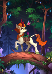 Size: 1800x2540 | Tagged: safe, artist:yakovlev-vad, autumn blaze (mlp), arthropod, butterfly, equine, fictional species, ghost, insect, kirin, mammal, undead, feral, friendship is magic, hasbro, my little pony, cute, eyes on the prize, female, fishing rod, flower, fluff, forest, herbs, hoof fluff, hooves, leg fluff, leonine tail, log, looking at something, looking up, mushroom, nature, open mouth, quadrupedal, raised hoof, saddle bag, scenery, scenery porn, sketch, smiling, solo, solo female, spell tag, spirit, tail, tree, tree branch