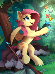 Size: 1810x2410 | Tagged: safe, artist:yakovlev-vad, fluttershy (mlp), oc, arthropod, butterfly, earth pony, equine, fictional species, insect, mammal, pegasus, pony, feral, friendship is magic, hasbro, my little pony, butterfly net, cute, escape, female, forest, jar, knock out, knocked out, looking at something, male, mare, net, release, rescue, scenery, smiling, spread wings, stallion, tongue, tongue out, unconscious, wings, x eyes
