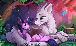 Size: 2300x1407 | Tagged: safe, artist:yakovlev-vad, twilight sparkle (mlp), oc, oc:zefiroth, alicorn, arthropod, butterfly, dragon, eastern dragon, equine, ferret, fictional species, hybrid, insect, mammal, mustelid, pony, feral, fantastic beasts (series), friendship is magic, hasbro, my little pony, wizarding world, blue eyes, book, crossover, cute, drink, duo, ears, female, forest, frog (hoof), fur, hair, hooves, horn, horns, lying down, male, mane, mare, paws, prone, purple body, purple eyes, purple fur, reading, scenery, scenery porn, straw, tail, tree, tree stump, underhoof, white body, white fur