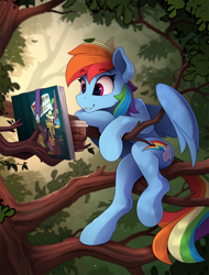 Size: 1730x2280 | Tagged: safe, artist:yakovlev-vad, rainbow dash (mlp), equine, fictional species, mammal, pegasus, pony, feral, semi-anthro, friendship is magic, hasbro, my little pony, book, bookmark, branch, coffee, cup, cutie mark, daring do and the sapphire statue, daring do books, drink, female, fluff, leaf, leg fluff, mare, raised eyebrows, red eyes, scenery, scenery porn, sitting, smiling, solo, solo female, tree, tree branch, wings