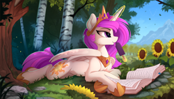 Size: 1024x583 | Tagged: safe, artist:yakovlev-vad, edit, editor:assturtle, princess celestia (mlp), alicorn, equine, fictional species, mammal, pony, feral, friendship is magic, hasbro, my little pony, :p, book, bookmark, cheek fluff, chest fluff, clothes, crown, cute, cutie mark, dessert, female, flower, fluff, food, forest, fudgesicle, grass, hoof shoes, ice cream, ice cream bar, jewelry, leg fluff, levitation, licking, lidded eyes, lying down, magic, mare, mlem, mountain, nature, necklace, outdoors, peytral, prone, regalia, scenery, shoes, shoulder fluff, sideways glance, silly, smiling, solo, solo female, spread wings, summer, sunflower, telekinesis, tiara, tongue, tongue out, tree, wing fluff, wings