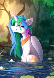 Size: 1615x2300 | Tagged: safe, artist:yakovlev-vad, princess celestia (mlp), alicorn, equine, fictional species, mammal, pony, feral, friendship is magic, hasbro, my little pony, basking in the rain, bath, chest fluff, cute, ear fluff, eye through hair, eyelashes, eyes closed, female, fluff, forest, hair, happy, heart, horn, lilypad, mare, missing accessory, outdoors, peytral, pond, rain, scenery, sitting, smiling, solo, solo female, water, water lily, wet, wet mane, wings