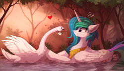Size: 2200x1257 | Tagged: safe, artist:yakovlev-vad, princess celestia (mlp), alicorn, bird, equine, fictional species, mammal, pony, swan, waterfowl, feral, friendship is magic, hasbro, my little pony, cheek fluff, chest fluff, confused, crown, cute, daisy (flower), do not want, duo, ear fluff, exclamation point, eye through hair, female, floppy ears, flower, flower in mouth, fluff, forest, frowning, grin, hair, heart, holding, interrobang, lidded eyes, looking at each other, mare, meme, missing accessory, mouth hold, nope, peytral, pushing, question mark, regalia, scenery, shoulder fluff, smiling, smirk, surprised, swimming, tree, varying degrees of want, water, wet, wide eyes, wing fluff