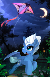 Size: 1550x2375 | Tagged: safe, artist:yakovlev-vad, night glider (mlp), equine, fictional species, mammal, pegasus, pony, feral, friendship is magic, hasbro, my little pony, crescent moon, cute, female, kite, mare, moon, night, patreon, patreon reward, scenery, sky, smiling, solo, solo female, tree