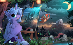 Size: 2310x1410 | Tagged: safe, artist:yakovlev-vad, princess luna (mlp), alicorn, equine, fictional species, mammal, pony, feral, friendship is magic, hasbro, my little pony, castle, cloud, crescent moon, cute, drawing, female, forest, glowing, glowing horn, grin, holding, horn, lantern, levitation, looking at you, looking back, looking back at you, magic, mare, moon, mountain, mouth hold, nature, night, paintbrush, painting, paper lantern, plein air, pond, scenery, scenery porn, sitting, sky, smiling, solo, solo female, squee, still life, telekinesis, tree, water, wings