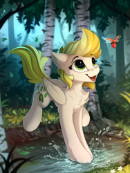 Size: 1800x2399 | Tagged: safe, artist:yakovlev-vad, oc, oc only, oc:dandelion blossom (exilis), arthropod, beetle, equine, fictional species, insect, mammal, pegasus, pony, feral, friendship is magic, hasbro, my little pony, berry, birch, chest fluff, female, fluff, food, forest, fruit, herbivore, mare, open mouth, outdoors, river, running, scenery, solo, solo female, strawberry, stream, water