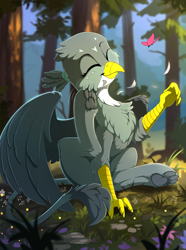 Size: 1600x2145 | Tagged: safe, artist:yakovlev-vad, gabby (mlp), arthropod, bird, butterfly, feline, fictional species, gryphon, insect, mammal, feral, friendship is magic, hasbro, my little pony, ambient wildlife, behaving like a cat, catbird, chest fluff, colored, commission, cute, eyes closed, feather, feathers, female, fluff, forest, patreon, patreon reward, paw pads, paws, scenery, scratching, sketch, smiling, solo, solo female, strategically covered, tail censor, underpaw