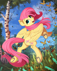 Size: 1760x2210 | Tagged: safe, artist:yakovlev-vad, fluttershy (mlp), arthropod, butterfly, equine, fictional species, insect, mammal, pegasus, pony, feral, friendship is magic, hasbro, my little pony, butt, cute, dock, ear fluff, female, fluff, flying, grass, head turn, hooves, horseshoes, looking back, mare, open mouth, scenery, scenery porn, smiling, solo, solo female, spread wings, tail, tree, underhoof, wings