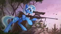 Size: 1900x1077 | Tagged: safe, artist:yakovlev-vad, trixie (mlp), equine, fictional species, mammal, pony, unicorn, feral, friendship is magic, hasbro, my little pony, butt fluff, cape, clothes, cutie mark, ear fluff, female, fluff, gun, hooves, horn, leg fluff, mare, optical sight, rifle, scenery, sniper rifle, solo, solo female, tree, weapon