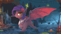 Size: 960x540 | Tagged: safe, artist:imiokun, artist:yakovlev-vad, collaboration, oc, oc only, arthropod, bat pony, butterfly, equine, fictional species, insect, mammal, pony, feral, friendship is magic, hasbro, my little pony, 16:9, 2d, 2d animation, animated, blinking, cinemagraph, flower, flower in hair, gif, hair, hair accessory, scenery, scenery porn, solo, spread wings, water, wings