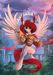 Size: 1792x2500 | Tagged: safe, artist:yakovlev-vad, oc, oc only, equine, fictional species, mammal, pegasus, pony, feral, hasbro, my little pony, aircraft, airship, armor, bridge, commission, ear feathers, female, flying, forest, looking at you, magic, magic circle, runes, scenery, signature, solo, solo female, spear, spread wings, vehicle, weapon, wings