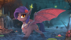 Size: 2500x1406 | Tagged: safe, alternate version, artist:yakovlev-vad, oc, oc only, arthropod, bat pony, butterfly, equine, fictional species, insect, mammal, pony, feral, friendship is magic, hasbro, my little pony, female, flower, flower in hair, hair, hair accessory, lilypad, looking at you, night, river, scenery, scenery porn, solo, solo female, spread wings, water, wings