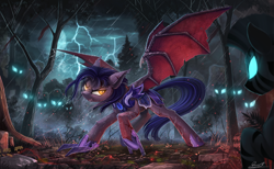 Size: 2680x1648 | Tagged: safe, artist:yakovlev-vad, royal guard (mlp), bat pony, equine, fictional species, mammal, pony, zebra, feral, friendship is magic, hasbro, my little pony, armor, badass, blood, fangs, female, forest, glowing, glowing eyes, gritted teeth, hoof blades, injured, lightning, male, mare, night, night guard, rain, scenery, scenery porn, scratches, sharp teeth, slit pupils, spread wings, stallion, storm, surrounded, technical advanced, teeth, weapon, wings