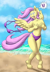 Size: 890x1280 | Tagged: suggestive, artist:china-kitty, fluttershy (mlp), equine, fictional species, mammal, pegasus, pony, anthro, unguligrade anthro, friendship is magic, hasbro, my little pony, anthrofied, beach, belly button, bikini, breasts, clothes, covering, embarrassed, embarrassed nude exposure, female, hooves, nudity, partial nudity, solo, solo female, swimsuit, topless, wardrobe malfunction