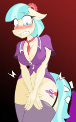 Size: 958x1536 | Tagged: suggestive, artist:lil miss jay, coco pommel (mlp), earth pony, equine, fictional species, mammal, pony, anthro, friendship is magic, hasbro, my little pony, anthrofied, belly button, blushing, bottomless, breasts, clothes, covering, embarrassed, embarrassed nude exposure, female, full service playing cards, garter belt, humiliation, mare, nail, nudity, partial nudity, solo, solo female, torn clothes, wardrobe malfunction