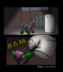 Size: 1100x1276 | Tagged: safe, artist:redquoz, little mac (punch-out), equine, mammal, pony, feral, friendship is magic, hasbro, my little pony, nintendo, punch-out (series), super smash brothers, black border, black hair, boots, clothes, comic, crossover, feralized, fur, furrified, green fur, gym, hair, hoodie, kickboxing, male, night, ponified, sandbag (smash bros), shoes, sound effect, species swap, stallion, topwear, training