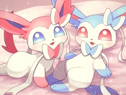Size: 1600x1200 | Tagged: safe, artist:totennko, eeveelution, fictional species, shiny pokémon, sylveon, feral, nintendo, pokémon, ambiguous gender, duo, looking at you, lying down