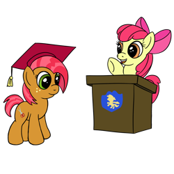 Size: 1000x1000 | Tagged: safe, artist:redquoz, apple bloom (mlp), babs seed (mlp), earth pony, equine, fictional species, mammal, pony, semi-anthro, friendship is magic, hasbro, my little pony, bow, cutie mark crusaders (mlp), duo, duo female, female, filly, foal, freckles, fur, graduation cap, green eyes, hair, hair bow, on model, orange eyes, orange fur, pink hair, podium, simple background, transparent background, yellow fur, young