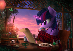 Size: 2500x1740 | Tagged: safe, artist:yakovlev-vad, twilight sparkle (mlp), alicorn, arthropod, butterfly, equine, fictional species, firefly, insect, mammal, parasprite, pony, feral, friendship is magic, hasbro, my little pony, blanket, book, candle, chair, chest fluff, coffee mug, comfy, cookie, cottagecore, drink, feathered wings, feathers, female, fluff, folded wings, food, glowing, glowing horn, herbivore, high res, horn, incense, inkwell, lake, lantern, levitation, magic, mare, mosquito coil, mountain, mug, plate, reading, scenery, scenery porn, scroll, signature, sky, solo, solo female, table, tea, telekinesis, tree, water, wings