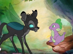 Size: 1024x759 | Tagged: safe, artist:lesbang, part of a set, bambi (bambi), spike (mlp), thorax (mlp), thumper (bambi), arthropod, cervid, changeling, deer, dragon, equine, fictional species, mammal, reptile, western dragon, feral, bambi (film), disney, friendship is magic, hasbro, my little pony, 2d, crossover, duo, duo male, male, males only, style emulation, ungulate