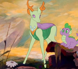 Size: 737x653 | Tagged: safe, artist:lesbang, part of a set, bambi (bambi), spike (mlp), thorax (mlp), thumper (bambi), arthropod, cervid, changedling, changeling, deer, dragon, equine, fictional species, mammal, reptile, western dragon, feral, bambi (film), disney, friendship is magic, hasbro, my little pony, 2d, antlers, crossover, duo, duo male, male, males only, style emulation