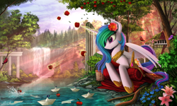 Size: 2250x1350 | Tagged: safe, artist:yakovlev-vad, princess celestia (mlp), alicorn, arthropod, butterfly, equine, fictional species, insect, mammal, pony, feral, friendship is magic, hasbro, my little pony, apple, book, detailed, female, flag, flower, flower in hair, food, forest, fruit, hair, hair accessory, implied princess luna, jewelry, levitation, lying down, magic, majestic, mare, necklace, paper boat, prone, river, scenery, scenery porn, solo, solo female, sunbeam, water, waterfall