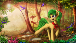 Size: 2507x1410 | Tagged: safe, artist:yakovlev-vad, oc, oc only, oc:duchess, arthropod, bird, butterfly, equine, insect, mammal, pony, songbird, feral, hasbro, my little pony, artwork, clothes, commission, cute, cutie mark, detailed, digital art, female, flower, forest, green hair, green mane, hair, happy, mane, mare, ocbetes, puddle, rain, russian text, scarf, scenery, scenery porn, sign, smiling, solo, solo female, text, tree