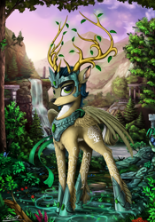 Size: 1750x2500 | Tagged: safe, artist:yakovlev-vad, oc, oc only, oc:prince vernalis, bird, cervid, deer, fictional species, hybrid, mammal, peryton, feral, chest fluff, crown, detailed, flower, fluff, hoof shoes, jewelry, leaf, leg fluff, mountain, necklace, ruins, scenery, solo, water, waterfall, wings