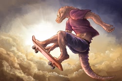 Size: 1440x960 | Tagged: species needed, safe, artist:x6udpngx, reptile, anthro, plantigrade anthro, 2016, belt, bottomwear, clothes, cloud, digital art, male, midair, scales, shirt, shorts, skateboard, skateboarding, solo, solo male, topwear