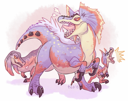 Size: 810x641 | Tagged: safe, artist:734, fictional species, great jaggi, jaggi, jaggia, reptile, feral, monster hunter, blue body, claws, colored sclera, group, open mouth, red body, reptile feet, sharp teeth, tan body, teeth, tongue, trio, yelling