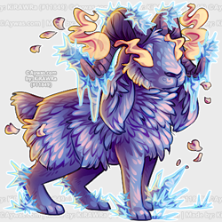 Size: 400x400 | Tagged: safe, artist:kirawra, fictional species, jackalope, lagomorph, mammal, feral, aywas (website), 1:1, 2018, ambiguous gender, digital art, fire, floppy ears, fluff, fur, horns, ice, long ears, low res, paws, purple fur, signature, simple background, solo, solo ambiguous, watermark
