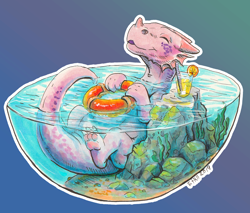 Size: 700x595 | Tagged: safe, artist:vampi, dragon, fictional species, western dragon, feral, 2d, ambiguous gender, cute, eyes closed, flotation device, lemonade, partially submerged, paw pads, paws, solo, solo ambiguous, water