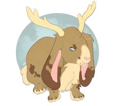 Size: 975x845 | Tagged: safe, artist:keii, oc, oc only, fictional species, jackalope, lagomorph, mammal, feral, 2016, abstract background, ambiguous gender, antlers, brown fur, chest fluff, claws, digital art, ear fluff, floppy ears, fluff, front view, fur, gray eyes, head fluff, leg fluff, long ears, looking at you, paws, pink skin, signature, skin, solo, solo ambiguous, spotted fur, tan fur, whiskers