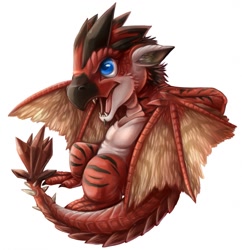 Size: 1237x1280 | Tagged: safe, artist:chibity, dragon, fictional species, monster, rathalos, reptile, wyvern, semi-anthro, monster hunter, chibi, open mouth, scaled wings, simple background, sitting, solo, spread wings, webbed wings, white background, wings