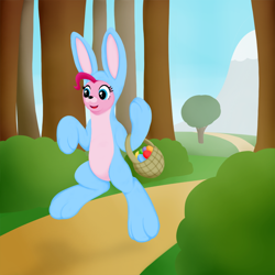 Size: 1000x1000 | Tagged: safe, artist:redquoz, pinkie pie (mlp), earth pony, equine, fictional species, mammal, pony, semi-anthro, friendship is magic, hasbro, my little pony, blue eyes, bunny costume, bushes, clothes, easter, easter basket, easter egg, female, forest, fur, hair, mare, mountain, pink fur, pink hair, skipping, solo, solo female