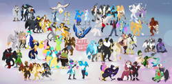 Size: 5586x2723 | Tagged: character needed, species needed, safe, artist:royalty, oc, oc:der, oc:lacertius (doesnotexist), oc:luvashi, oc:royalty (royalty), avali, bird, dinosaur, feline, fictional species, gryphon, mammal, raptor, theropod, utahraptor, anthro, feral, semi-anthro, cake, food, food play, group, large group, micro, midwest furfest, size difference