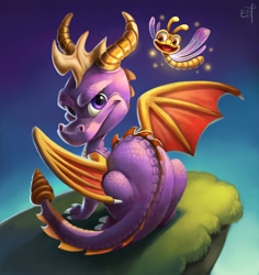 Size: 700x741 | Tagged: safe, artist:fancypancakes, sparx (spyro), spyro the dragon (spyro), arthropod, dragon, dragonfly, fictional species, insect, western dragon, feral, spyro the dragon (series), 2018, digital art, duo, duo male, grass, horns, male, males only, open mouth, orange eyes, purple eyes, purple scales, purple tail, scales, sitting, sky, spines, tail, tongue, webbed wings, wings, yellow scales